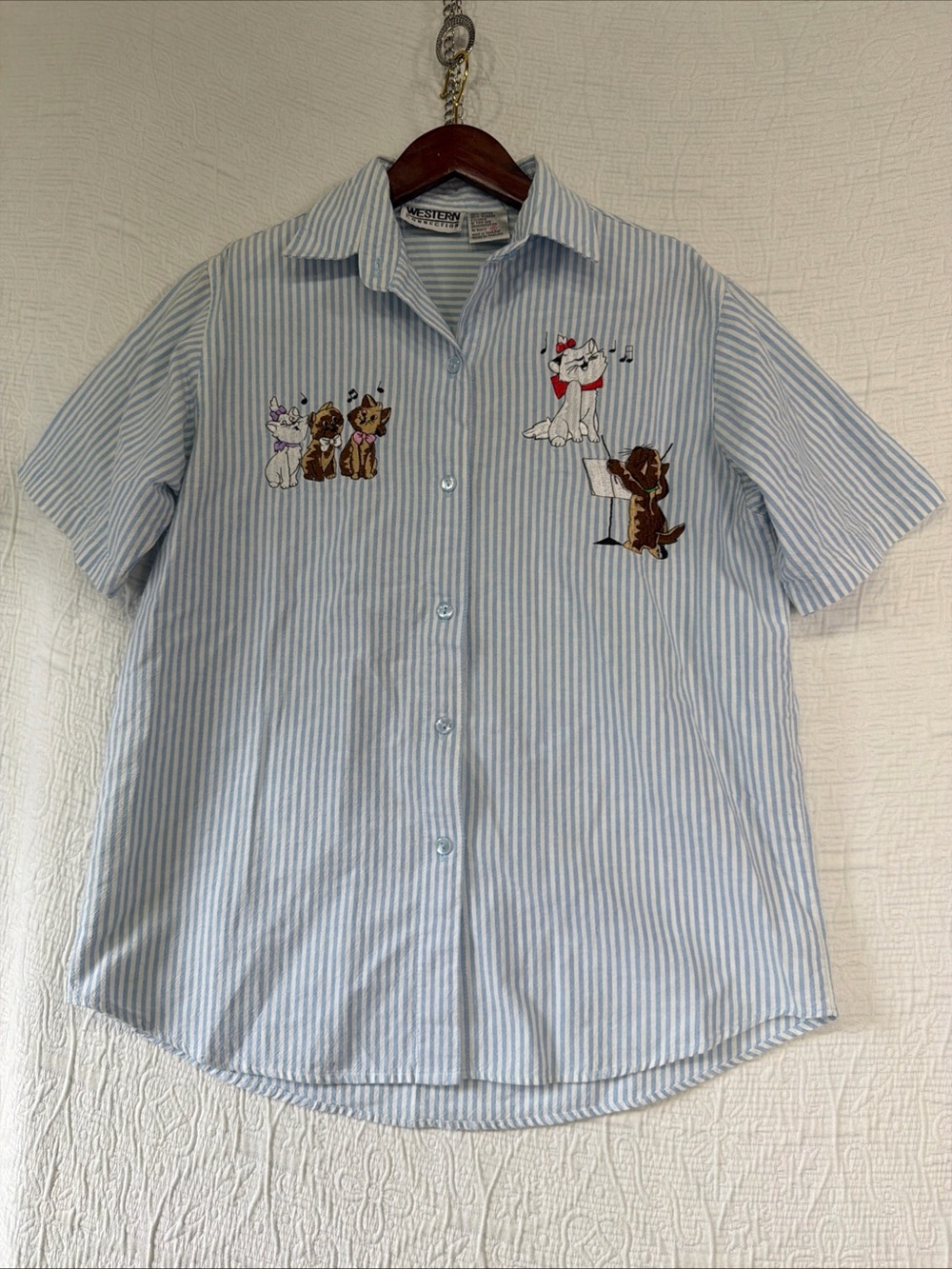 Vintage 90s The Aristocats Shirt Women M Blue White Stripe Cotton Shoulder Pads